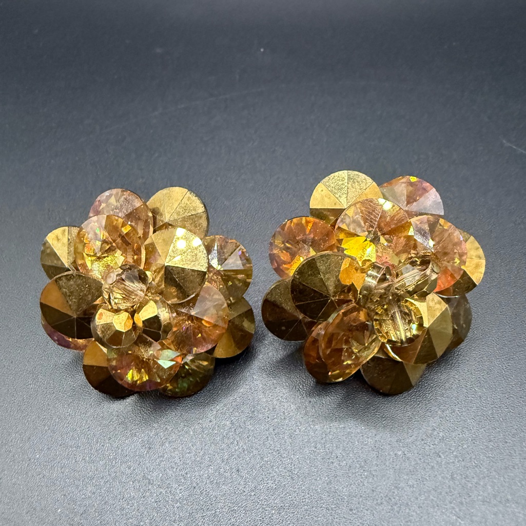 Vintage Vendome Amber Colored Crystal Beaded Cluster Earrings Signed